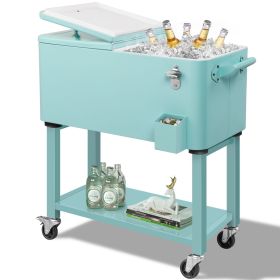 80 Quart Rolling Ice Chest, Portable Bar Drink Cooler with Catch Basin, Bottom Storage Tray and Bottle Opener for Patio Party BBQ Beach Activities