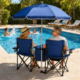 Double Portable Picnic Chairs, Folding Camping Chairs w/Detachable Umbrella, Cooler Bag, Cup Holders, Patio Beach Camping Chairs for Outdoors