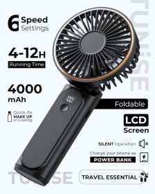 Portable Handheld Fan, Portable Fan Rechargeable, 4000mAh, 180° Adjustable, 6 Speed Wind, Display Electricity in Real Time (Color: Black)