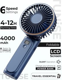 Portable Handheld Fan, Portable Fan Rechargeable, 4000mAh, 180° Adjustable, 6 Speed Wind, Display Electricity in Real Time (Color: Blue)