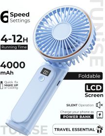 Portable Handheld Fan, Portable Fan Rechargeable, 4000mAh, 180° Adjustable, 6 Speed Wind, Display Electricity in Real Time (Color: Blue Breeze)